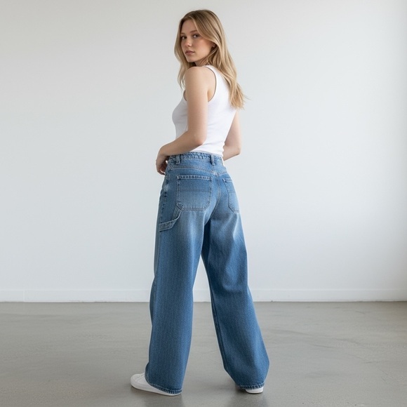 Edikted Pants - Edikted Baggy Mid Rise Wide Leg Carpenter Cago Jeans blue Pant 90s y2k